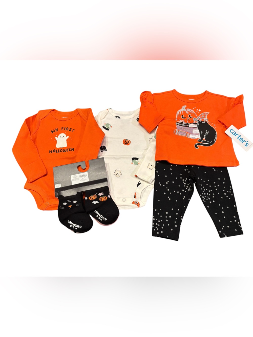 NWT Carter’s Halloween bundle with 2 pc outfit, 2 onesies and BabyGap 4 pk socks